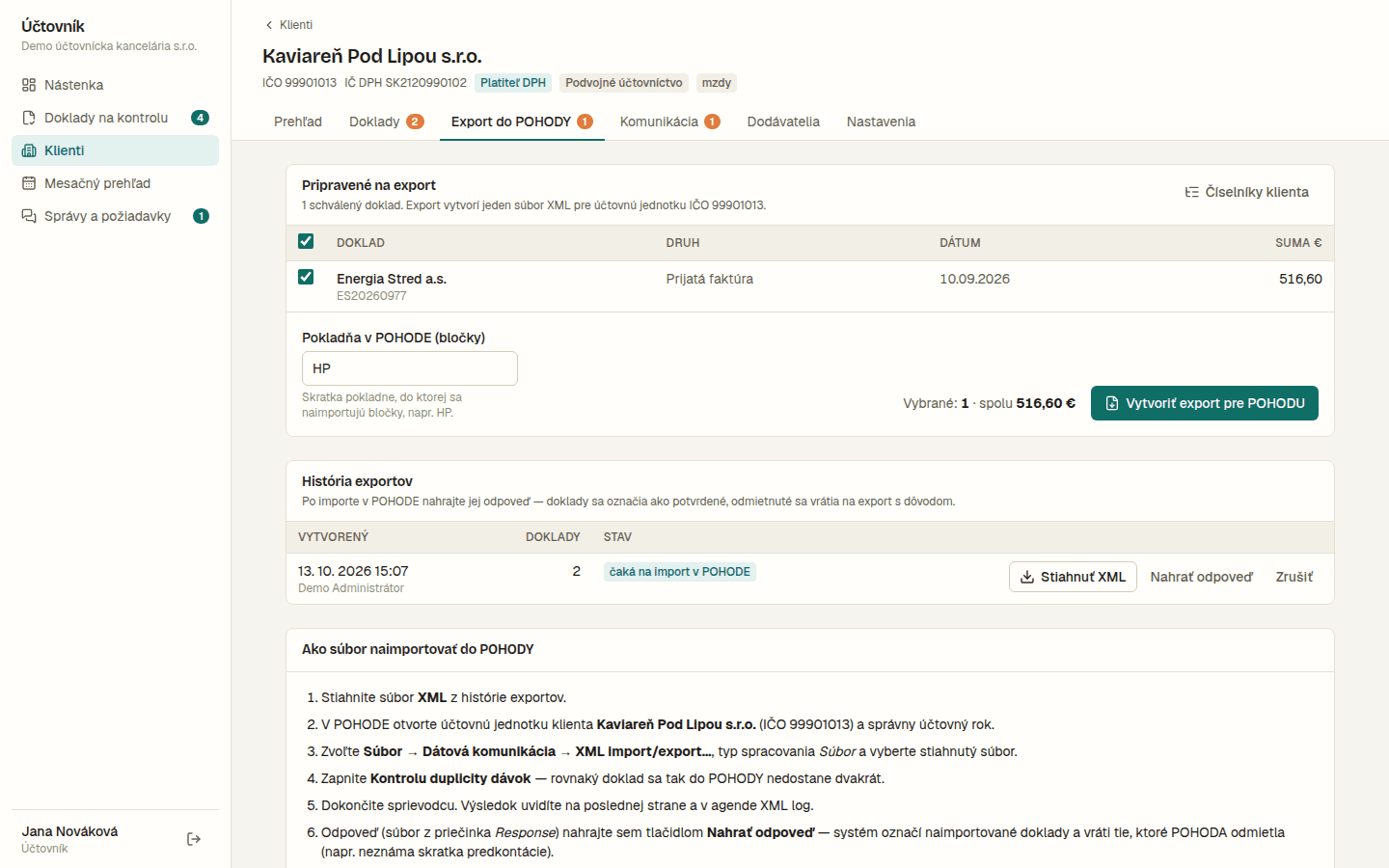 Export schválených dokladov do POHODY