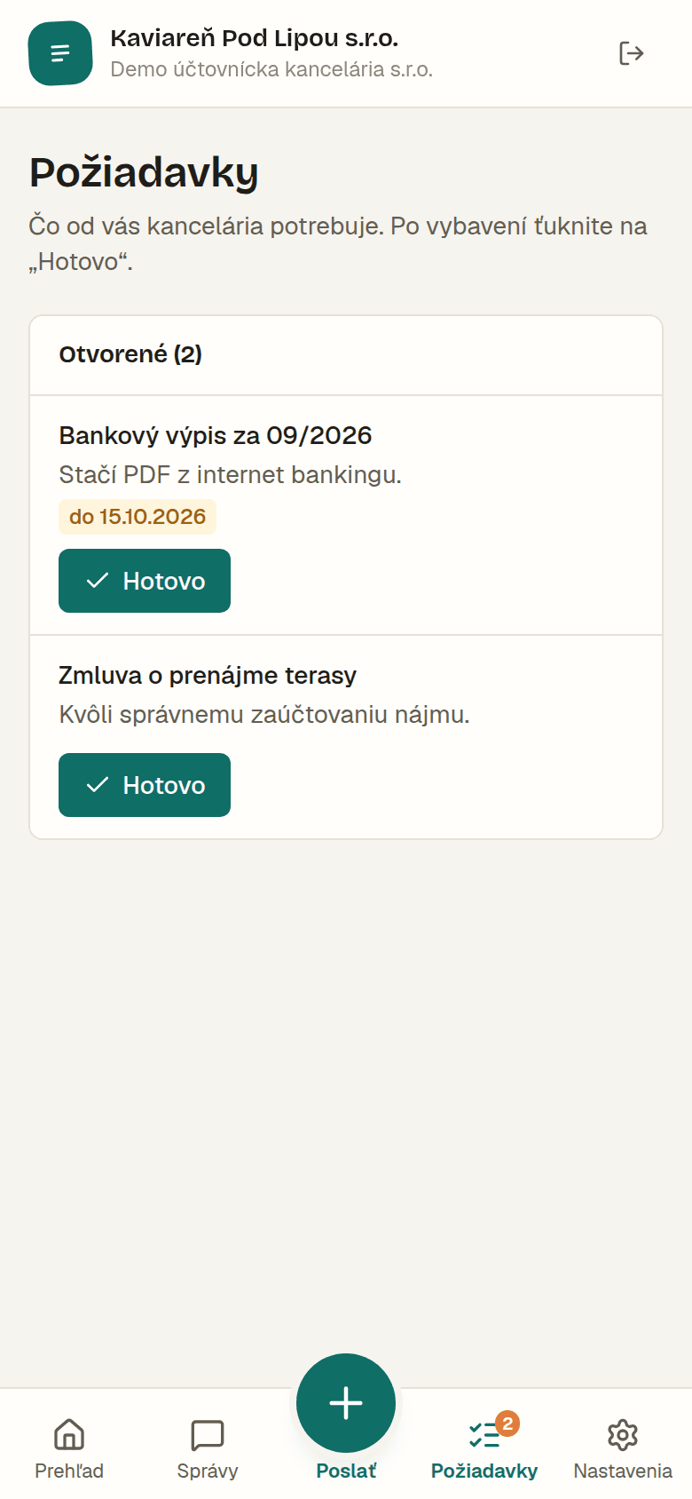 Požiadavky kancelárie v portáli klienta na mobile